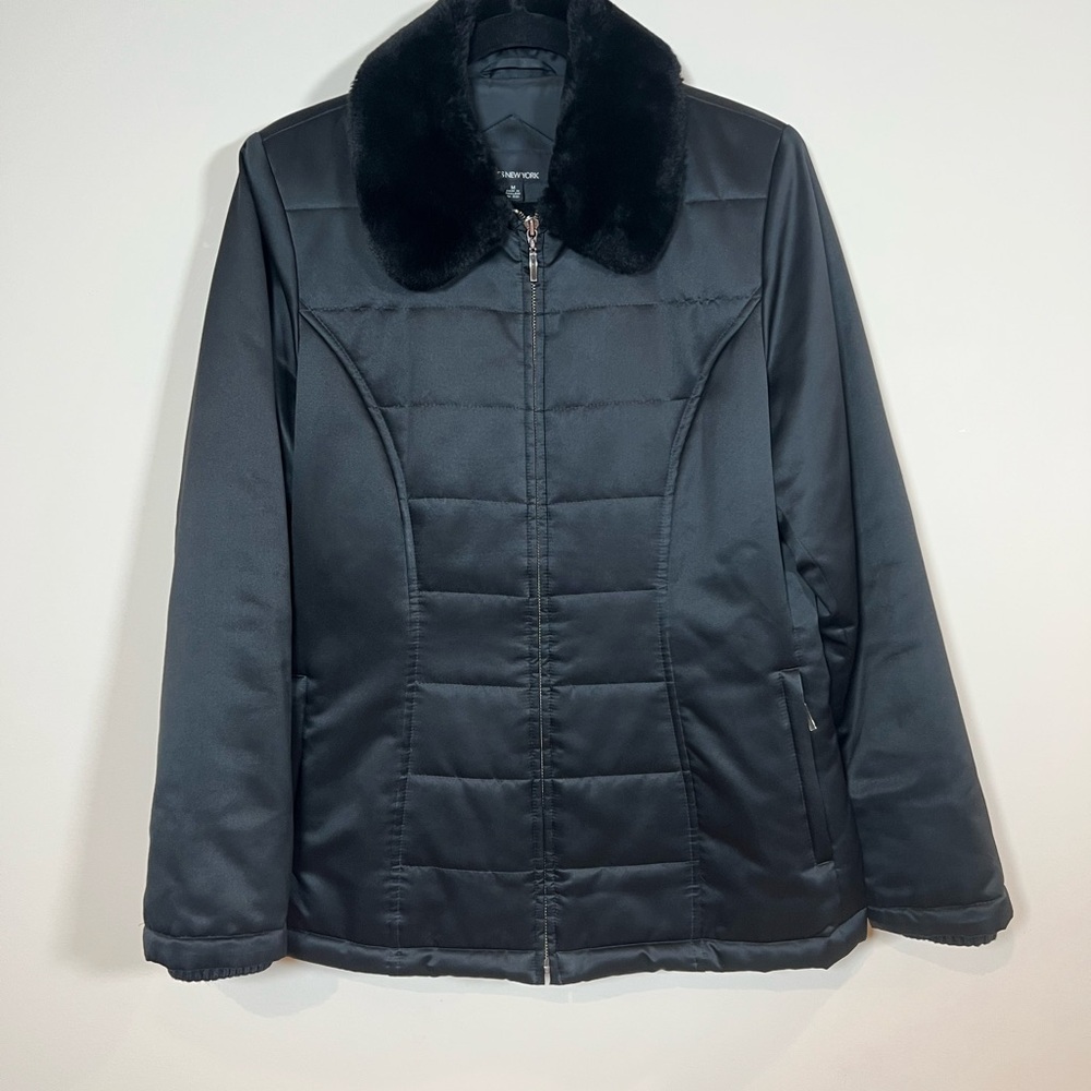 Jones New York Women's Black Faux Fur Collar Full Zip Jacket Size Medium